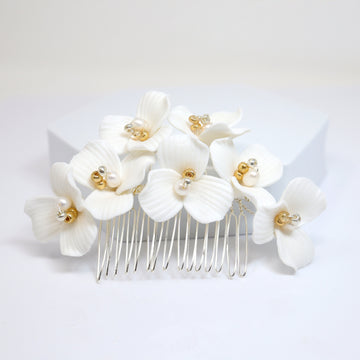Ceramic White Flowers Freshwater Pearl Gold Hair comb And Hair Pins Set, Bridal Hair piece, Bridal Hair Accessories, Wedding Hair Accessory.